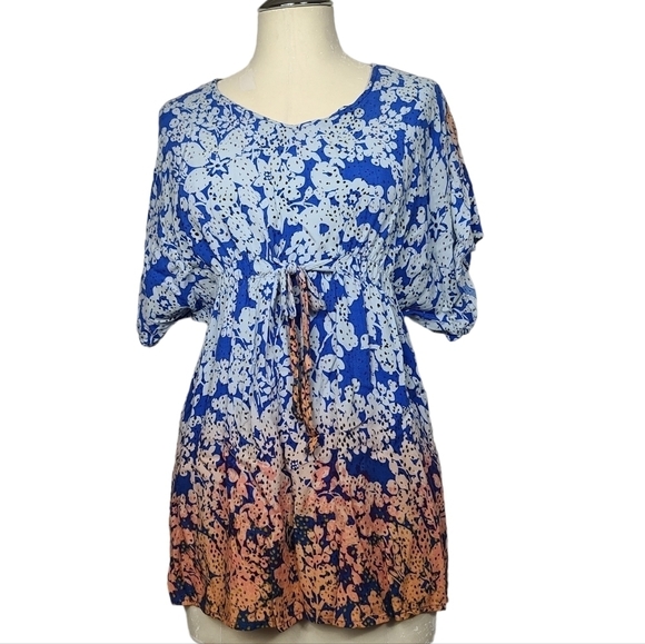 CAbi Tops - Cabi Ombre Floral Blue White Orange Cinched Waist Tie Blouse S #891